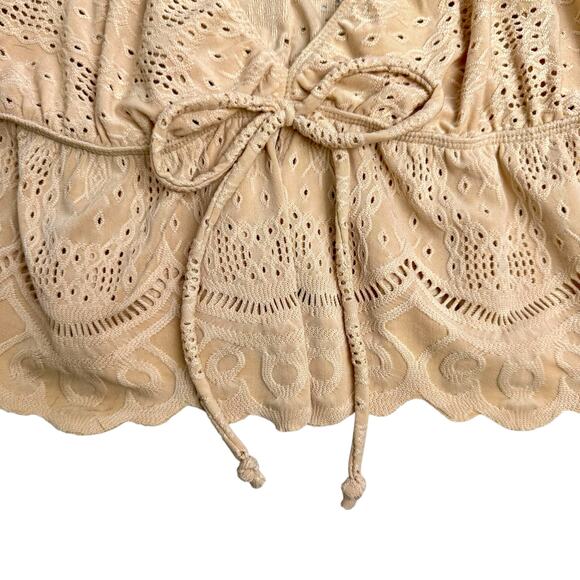 Urban Romantics Coquette Eyelet Crop Top Sz M Puff Sleeve Beige Cottagecore - Picture 4 of 5